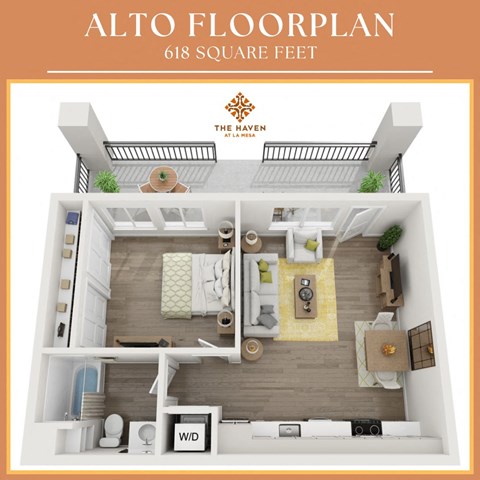 Floor plan for 1 bed, 1 bath, 618 sqft